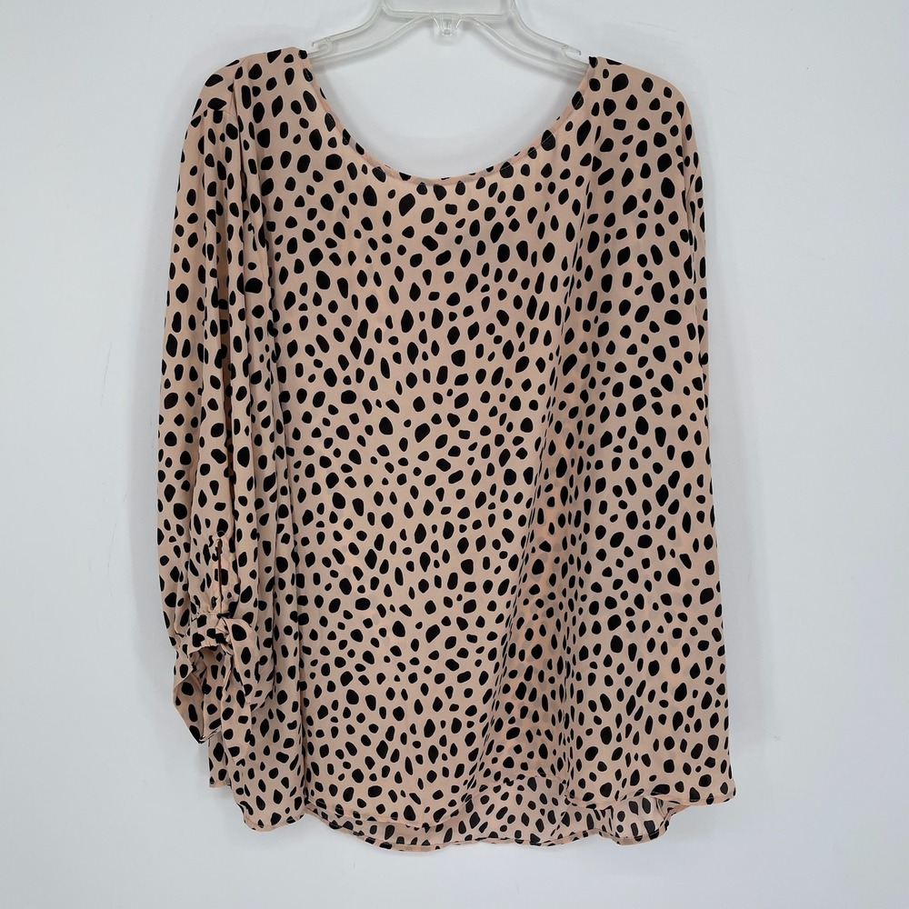 Ellos Women's Tan Spotted Animal Print Tie Long Sleeve Office Top Blouse Size 3X